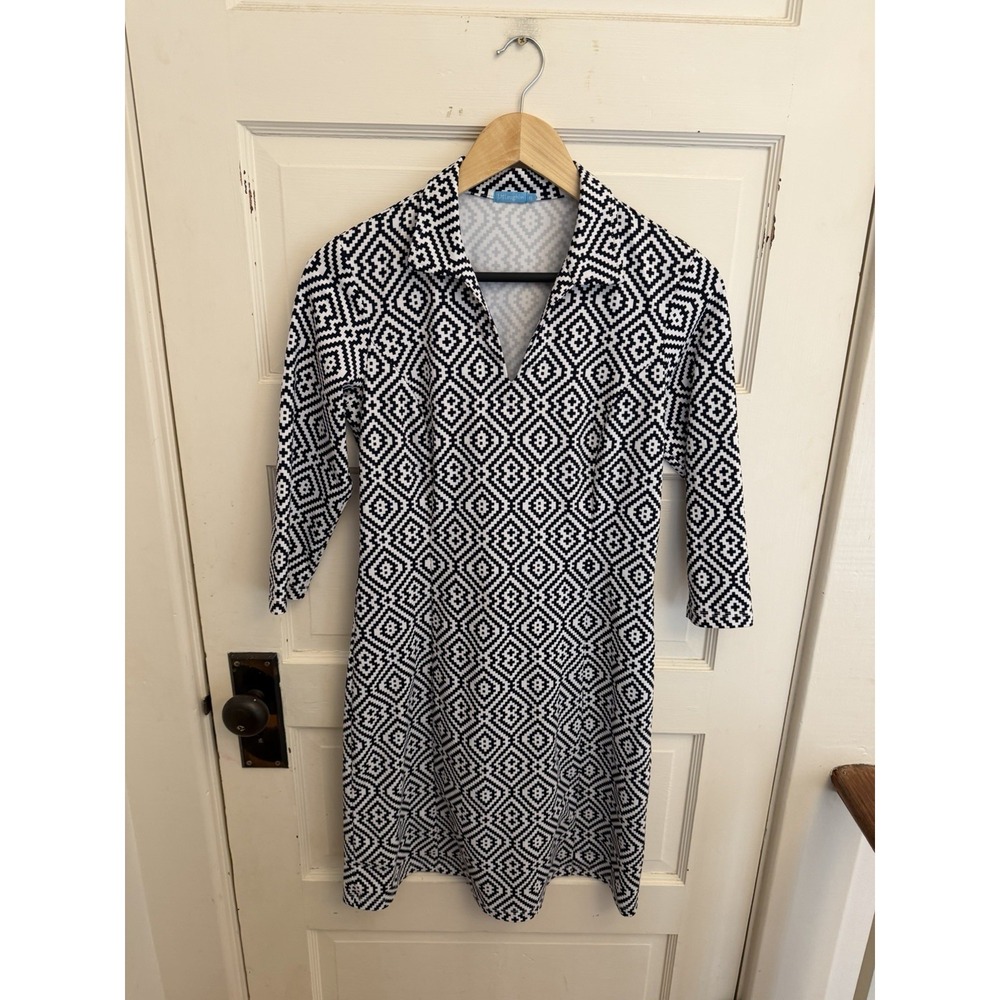 J. McLaughlin Black White Geometric Print Collared Dress 3/4 Sleeves Size XS